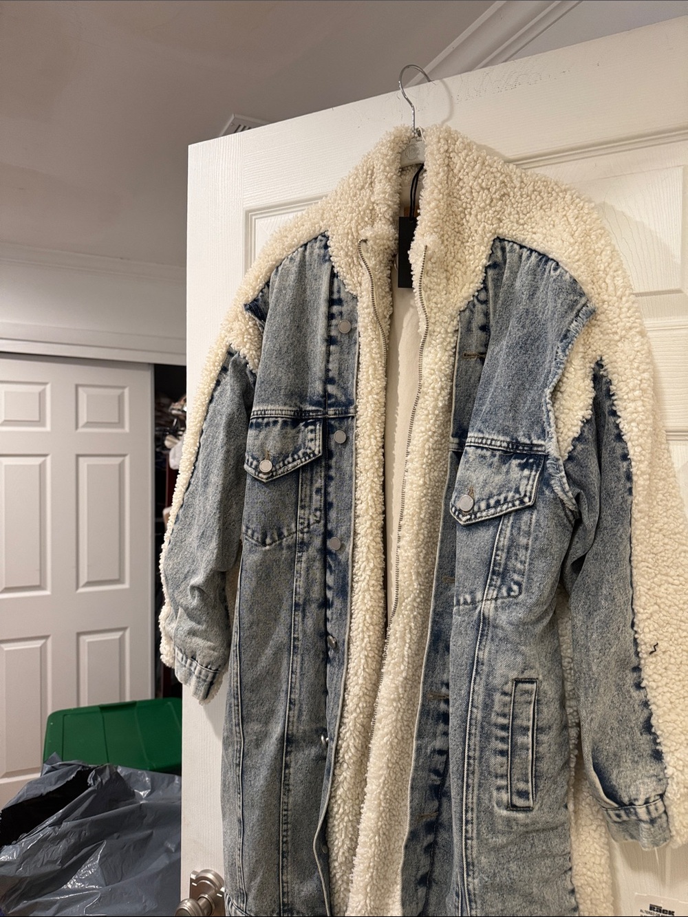 Blank NYC Light Blue Denim Trench with Cream Sherpa